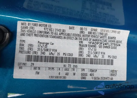 2015 Ford Focus Se z USA, uszkodzony, nr VIN 1FADP3F24FL375524